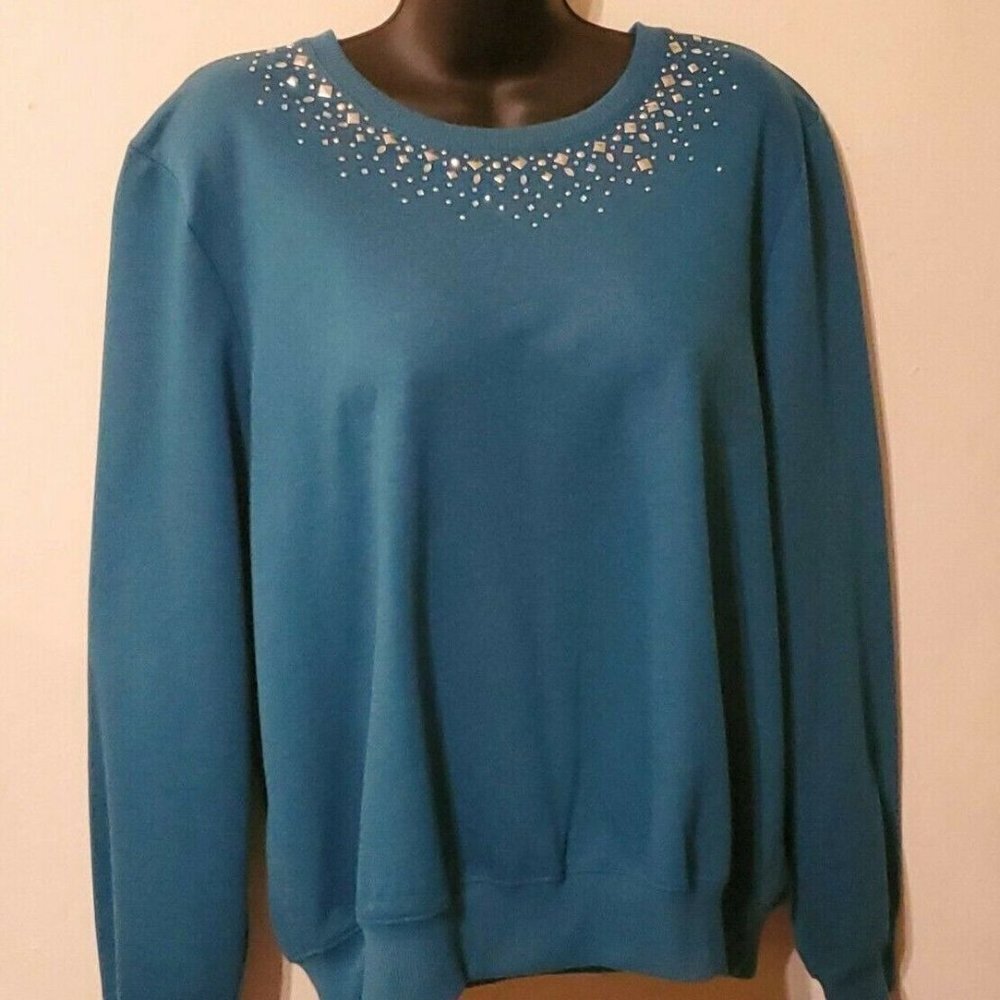 Alfred Dunner Pullover-Petite PL-Blue with embellishments, Pre-owned (WC38)